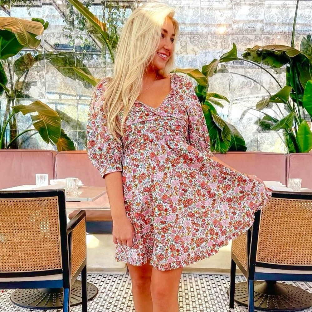 Buddy Love Poppy Puff Sleeve Mini Dress Windsor Women’s Small Pink Floral Ruffle